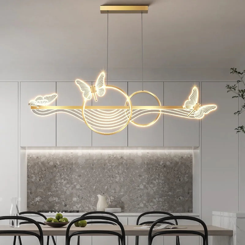 Hanoi Butterfly Wave Pendant – Gold LED Dining Room Chandelier with Remote Dimming